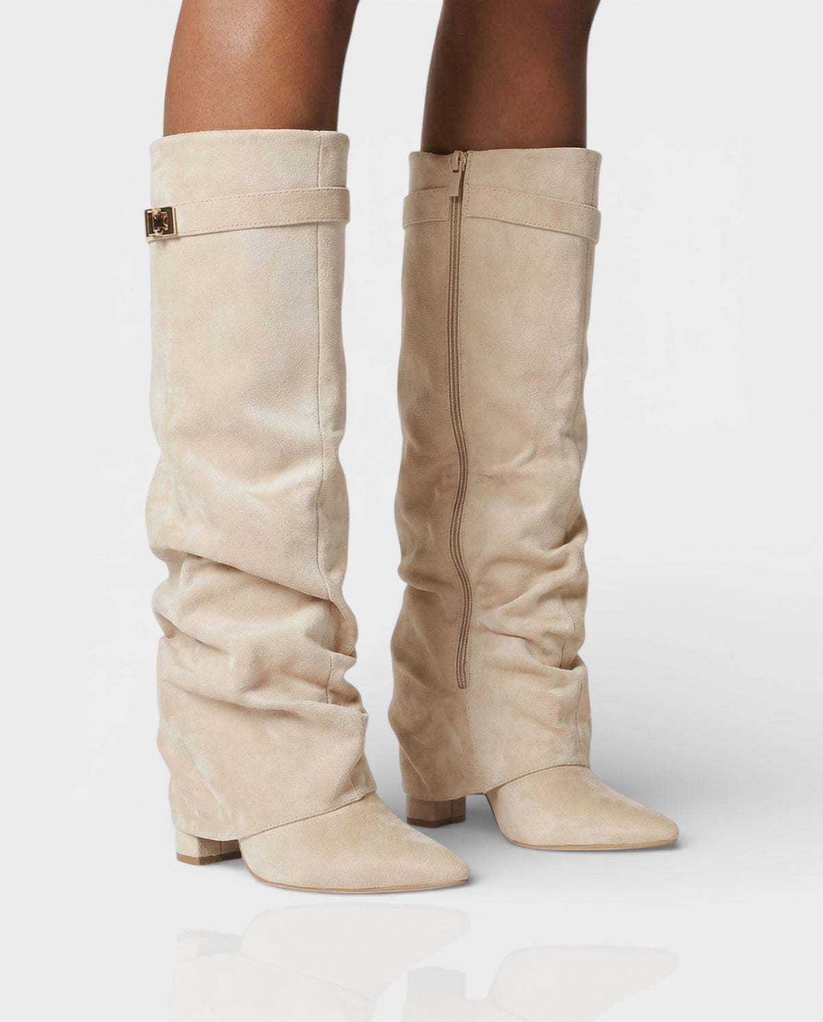 Tamsin Fold-Over Knee Boots in Beige, front view