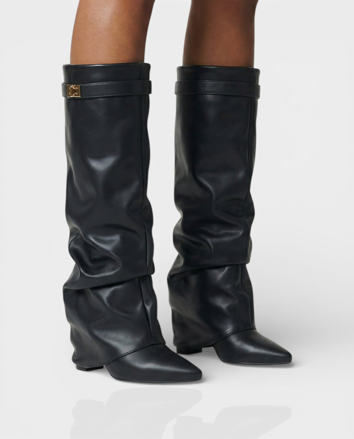 Tamsin Fold-Over Knee Boots in Bright Black, front view
