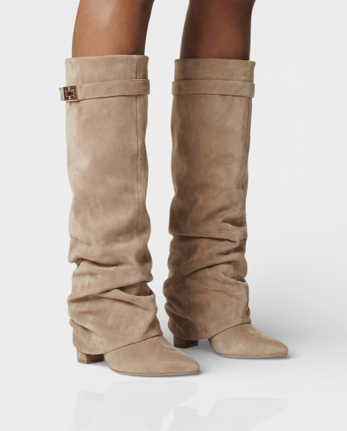 Tamsin Fold-Over Knee Boots in Taupe, front view