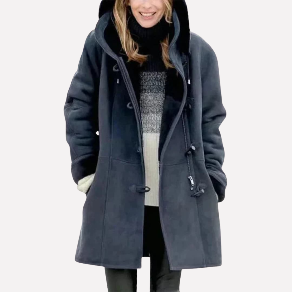 Thea Hooded Toggle Coat in Blue, front view