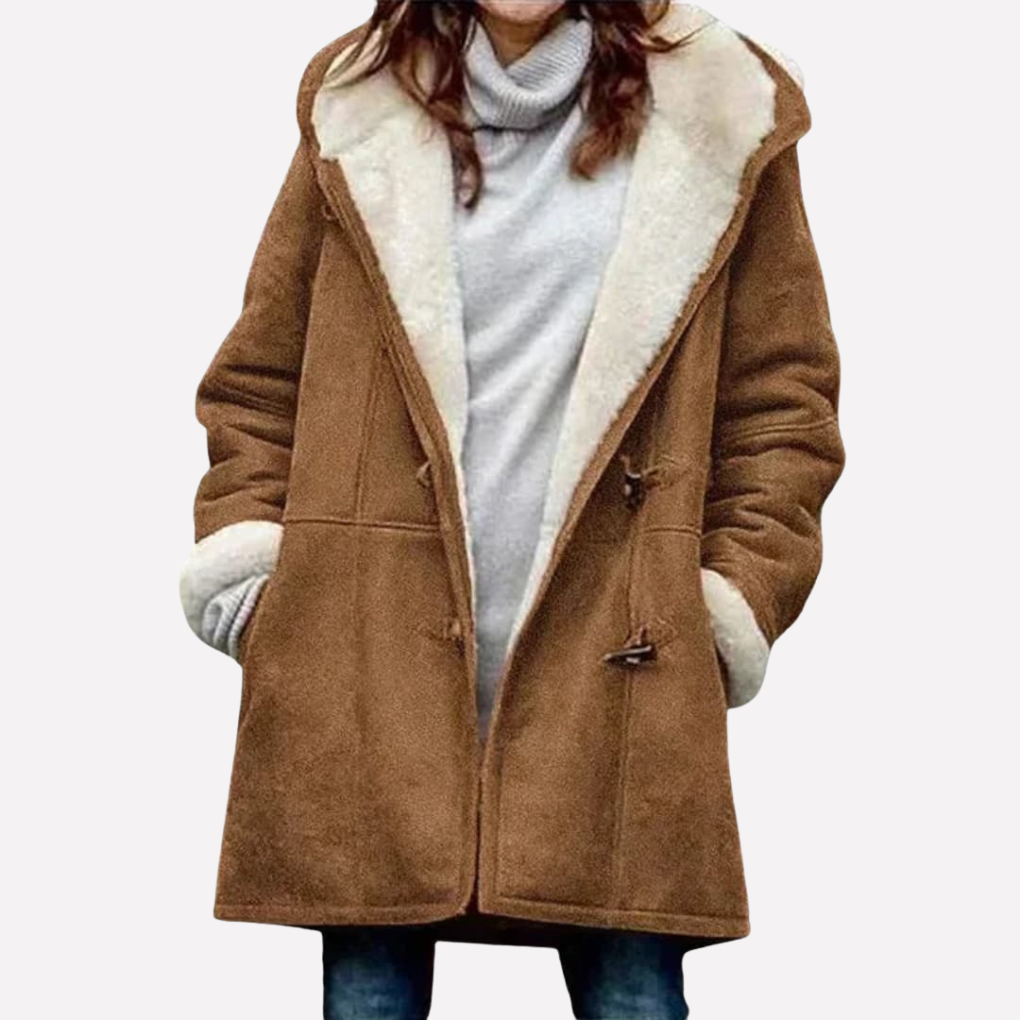 Thea Hooded Toggle Coat in Brown, front view
