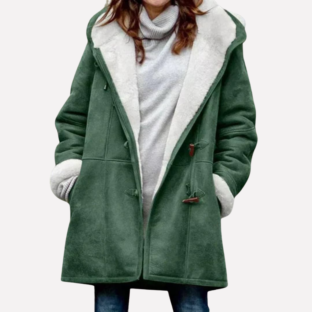 Thea Hooded Toggle Coat in Green, front view