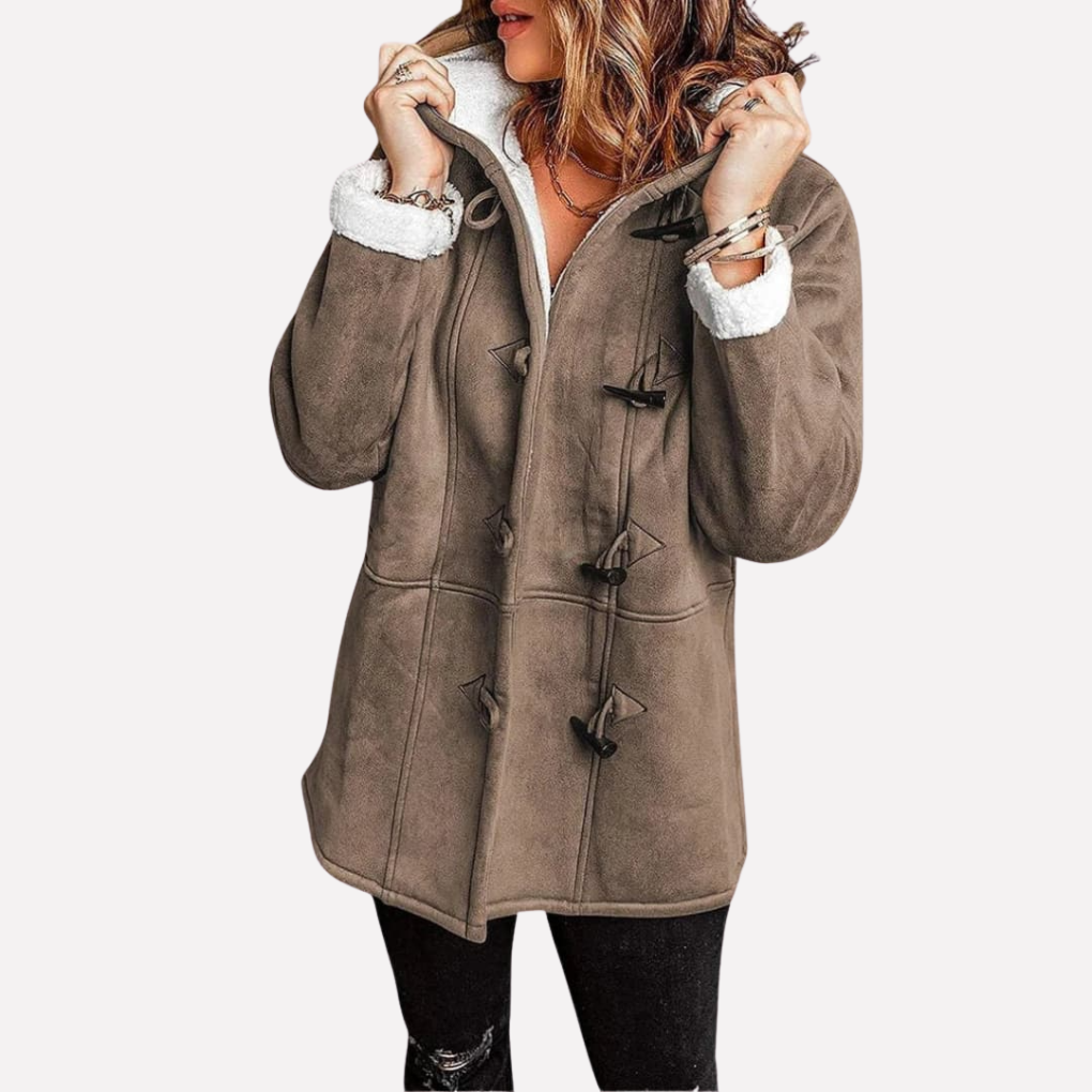 Thea Hooded Toggle Coat in Khaki, front view