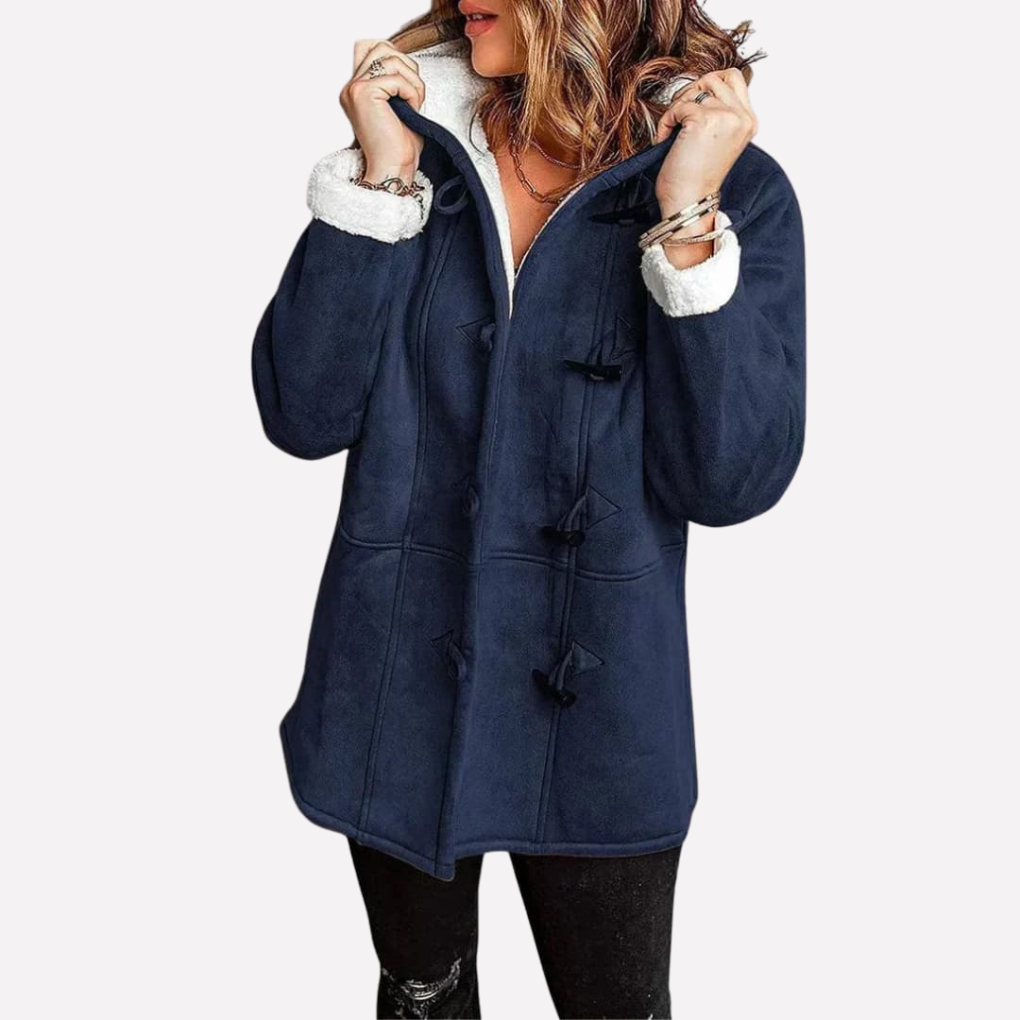 Thea Hooded Toggle Coat in Navy, front view