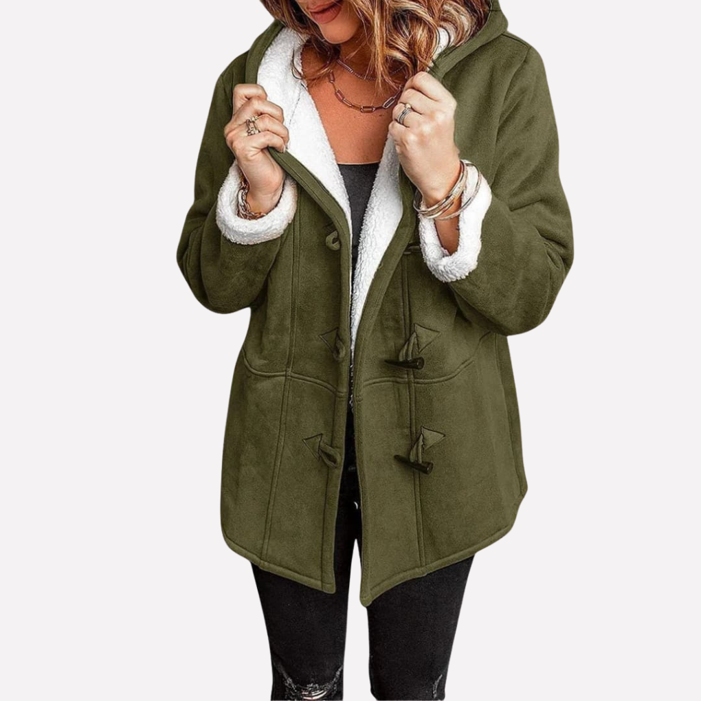 Thea Hooded Toggle Coat in Olive, front view