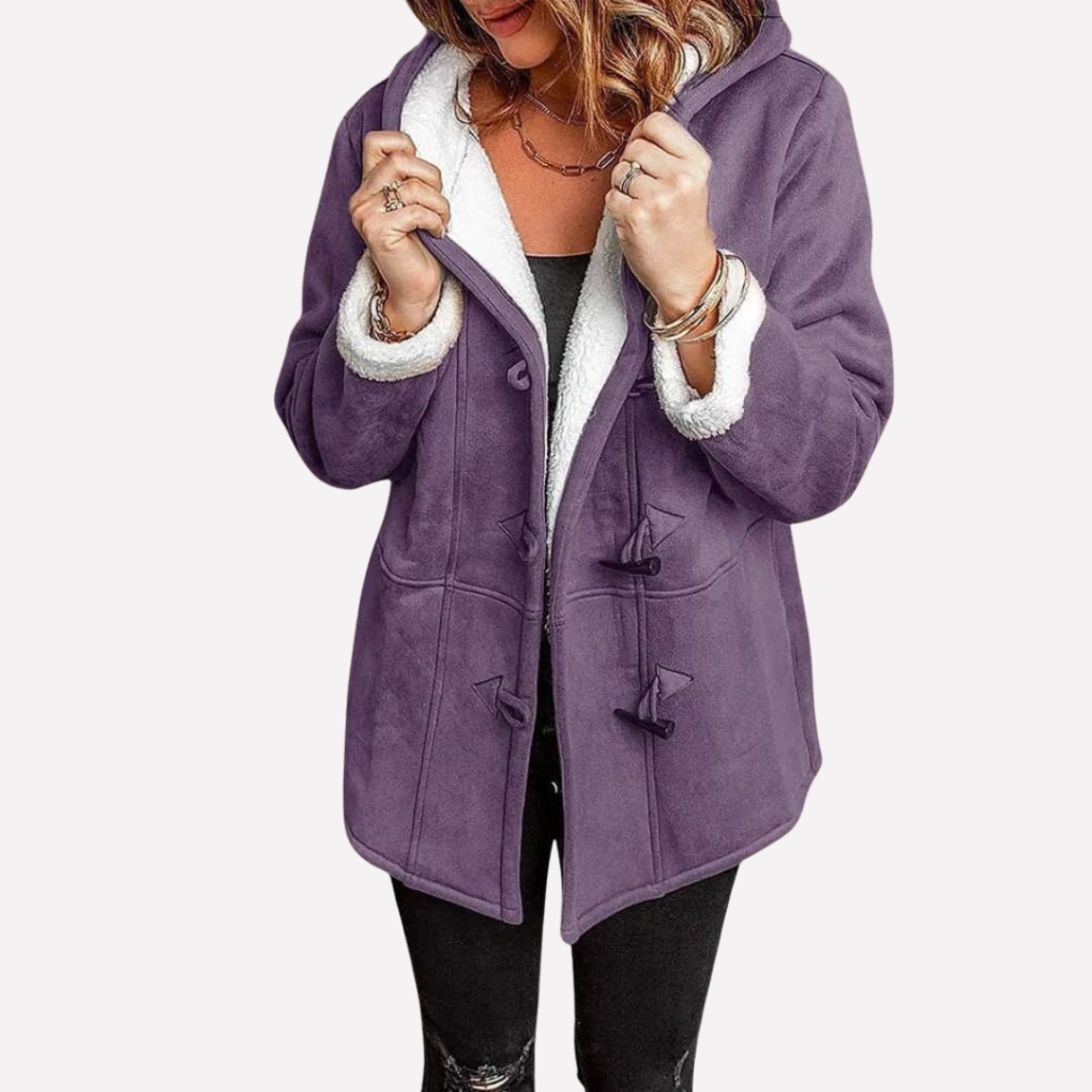 Thea Hooded Toggle Coat in Purple, front view