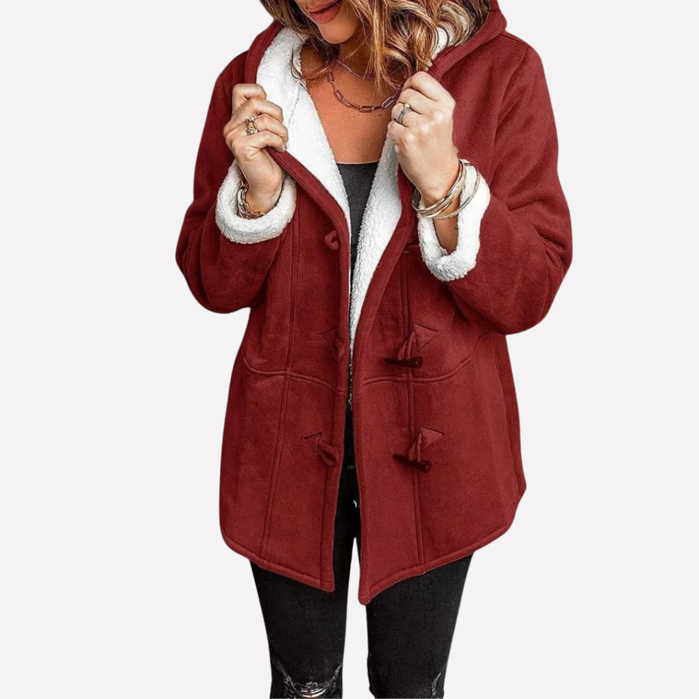 Thea Hooded Toggle Coat in Red, front view