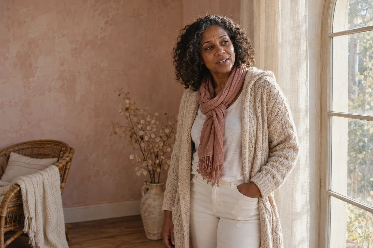Woman in a cream hooded cable-knit cardigan and a dusty rose scarf standing by a window in a blush-pink room