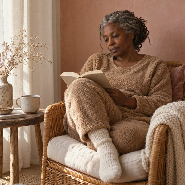 Woman in a camel fleece pajama set and cream wool socks reading in a rattan armchair
