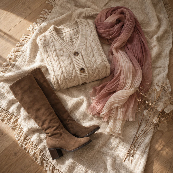 Flat lay of a folded cream cable-knit cardigan, a dusty rose gradient scarf and brown knee-high boots on a cream throw
