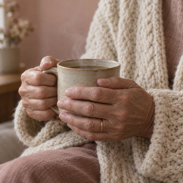 Close-up of hands holding a ceramic mug, wearing a chunky cream knit sleeve