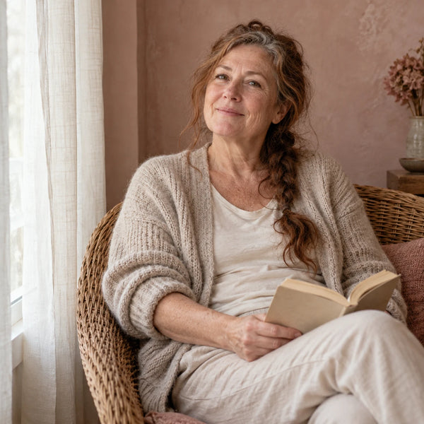 Woman in an oatmeal cardigan sitting in a rattan chair by a window, holding a book