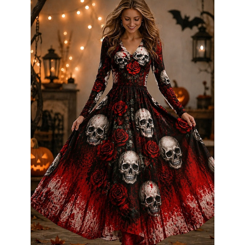 Xanthe Skeleton Print Maxi Dress in Burgundy, front view
