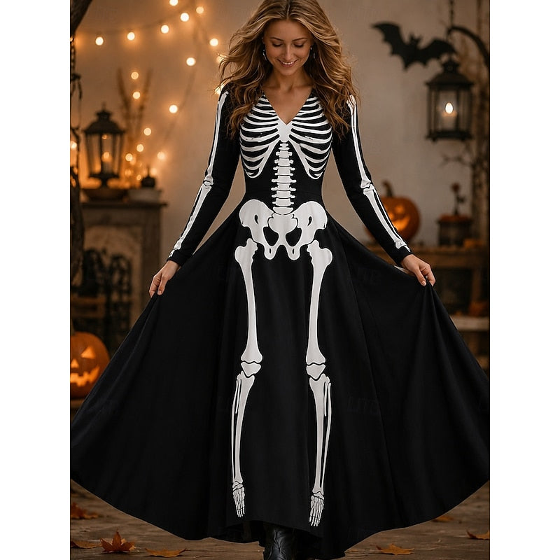 Xanthe Skeleton Print Maxi Dress in White, front view