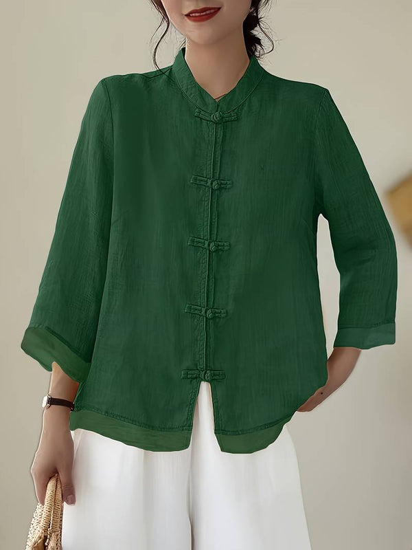 Yara Frog-Button Linen Blouse in Green, front view